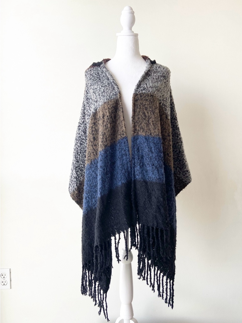 Coco & Carmen Hooded Fringe Shawl - Gray, Brown & Blue